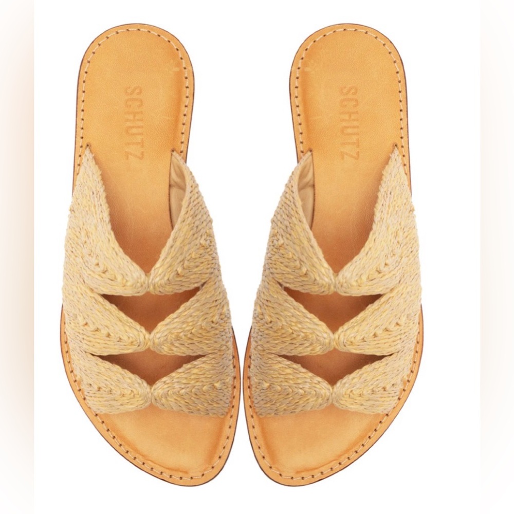 SCHUTZ Ivy Woven Flat Sandals Natural Raffia - Picture 2 of 8